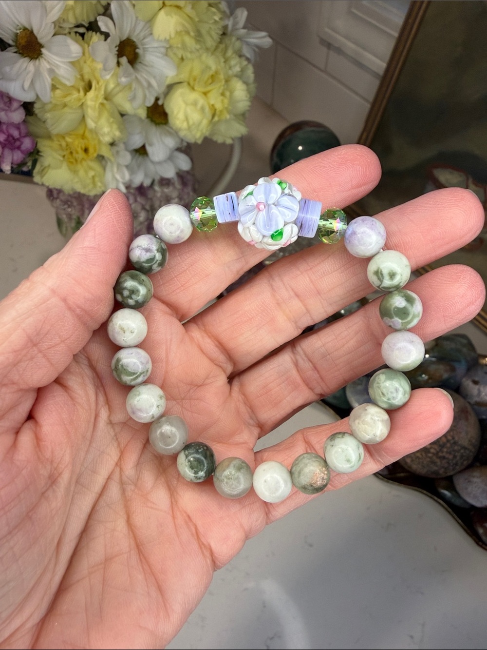 PEACE & BLOOM • Peace Jade & Vintage Glass Artisan Bracelet: B1280